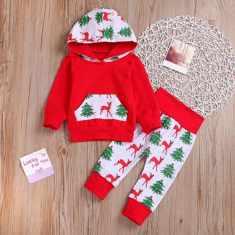 2-piece Elk and Tree Printed Hoodie and Pants Set