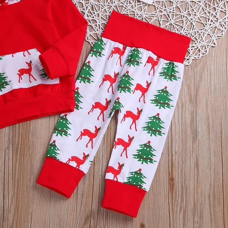 2-piece Elk and Tree Printed Hoodie and Pants Set