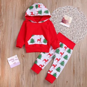 2-piece Elk and Tree Printed Hoodie and Pants Set