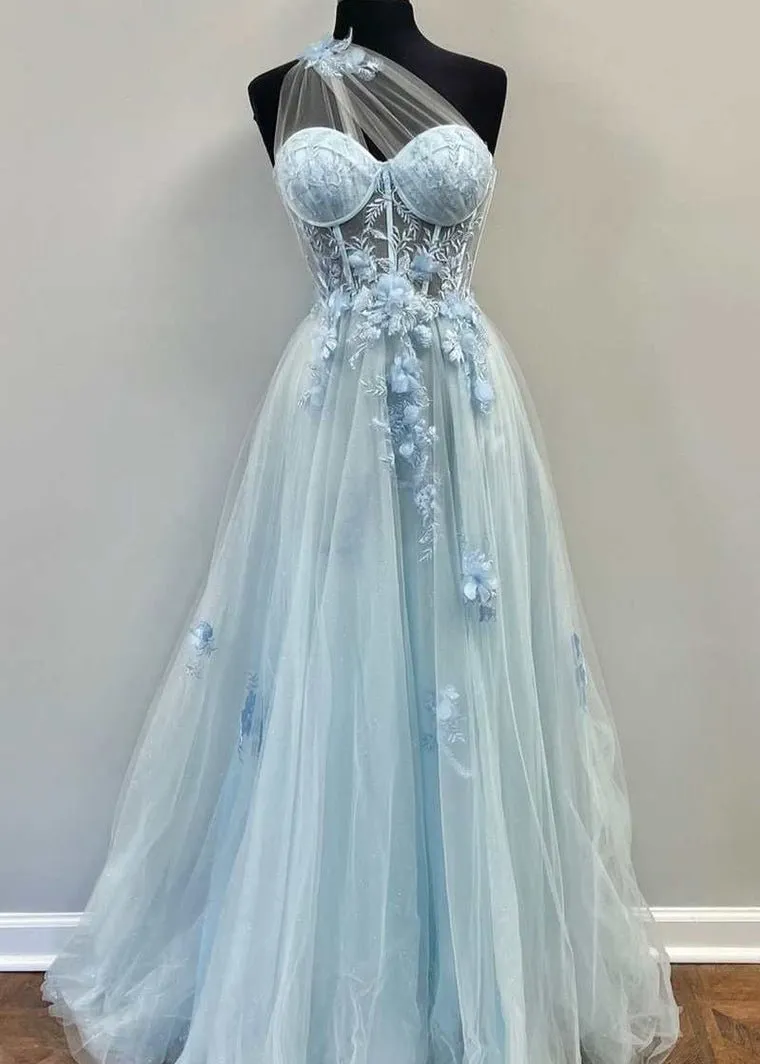A Line One Shoulder Black Long Prom Dress with Appliques