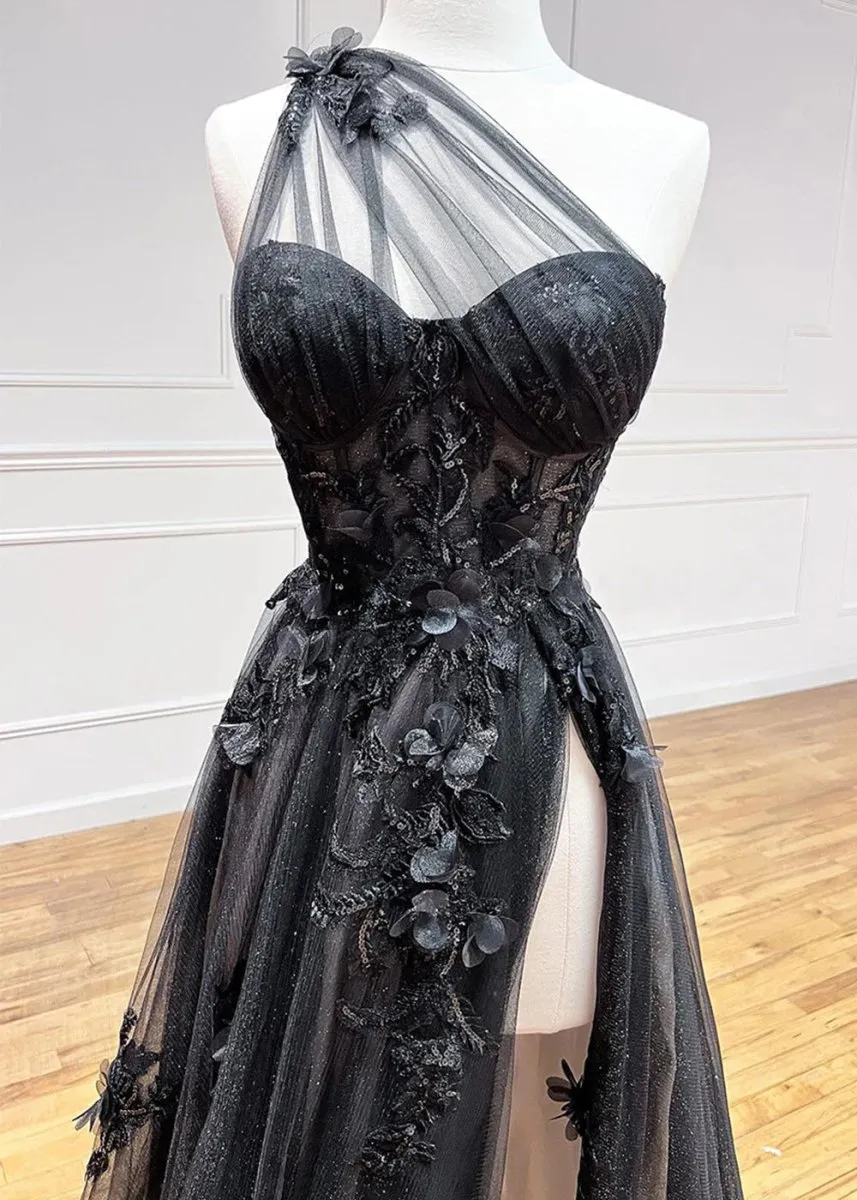 A Line One Shoulder Black Long Prom Dress with Appliques