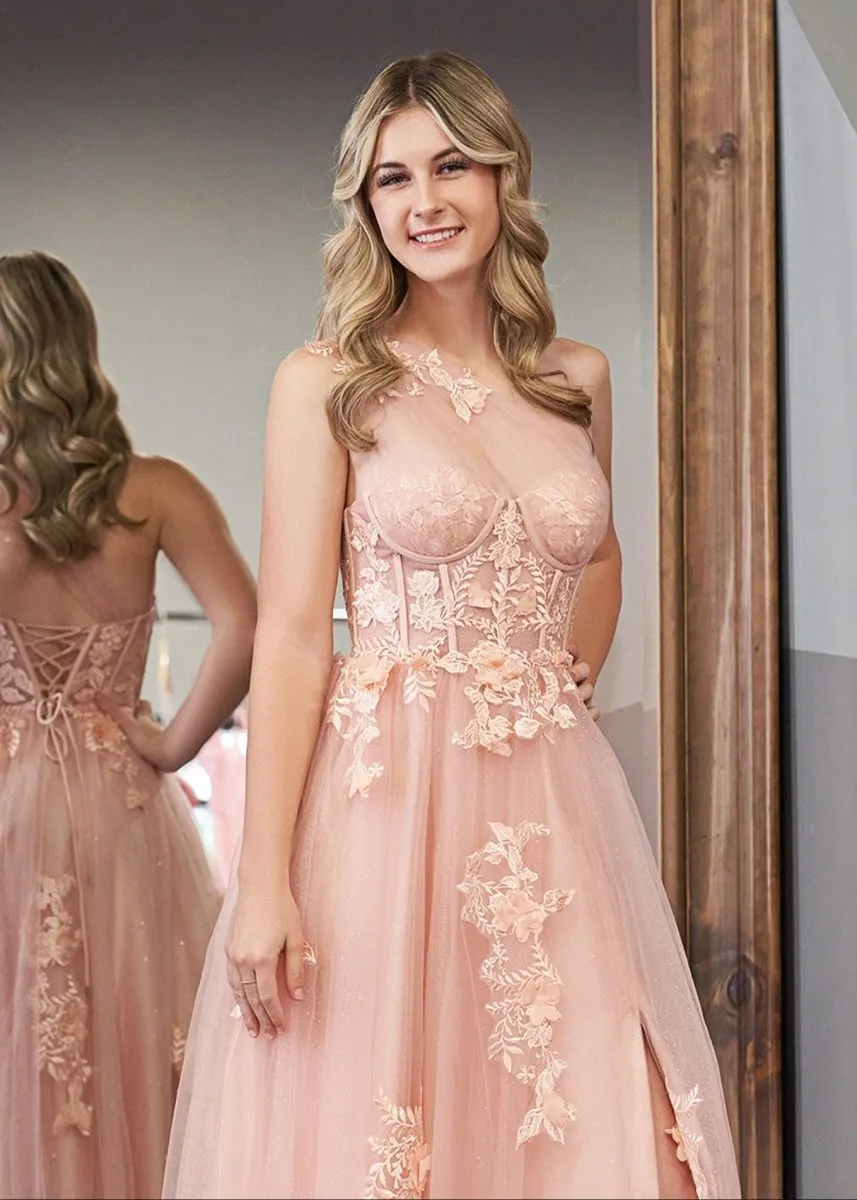 A Line One Shoulder Black Long Prom Dress with Appliques