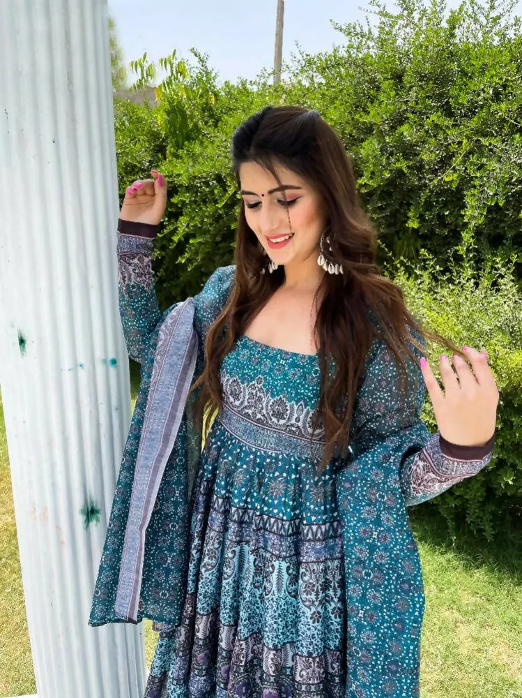 All Season Designer Blue With Multycolor Pure Maslin Gown - Anbazaar