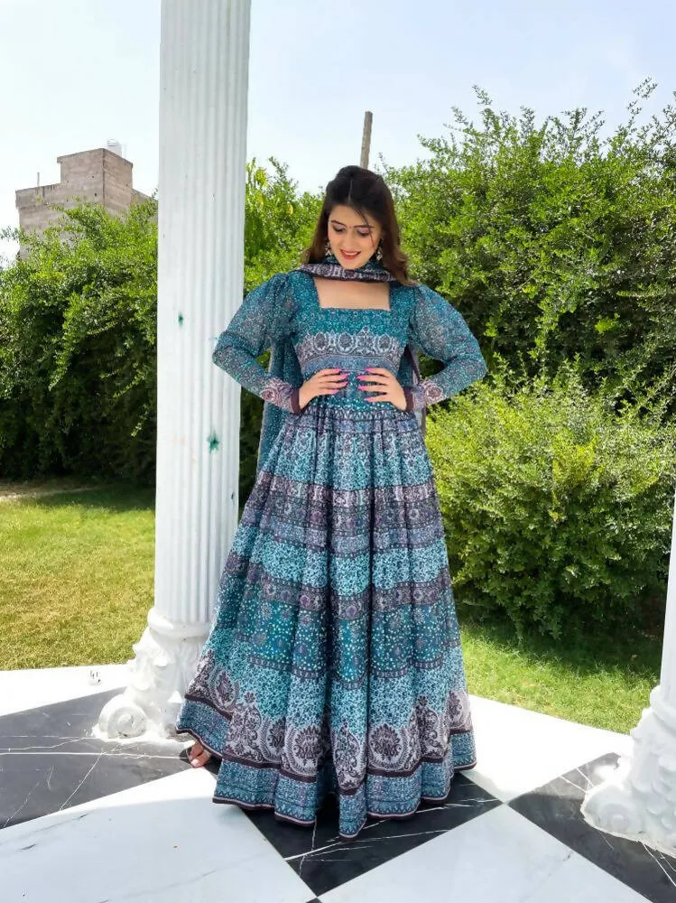 All Season Designer Blue With Multycolor Pure Maslin Gown - Anbazaar