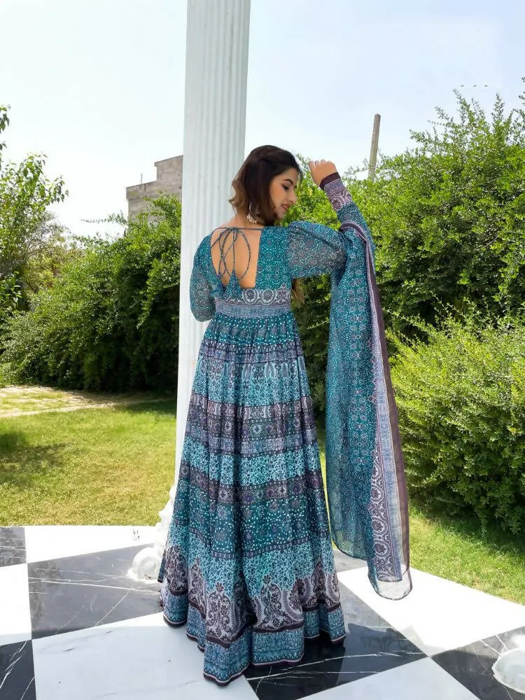 All Season Designer Blue With Multycolor Pure Maslin Gown - Anbazaar