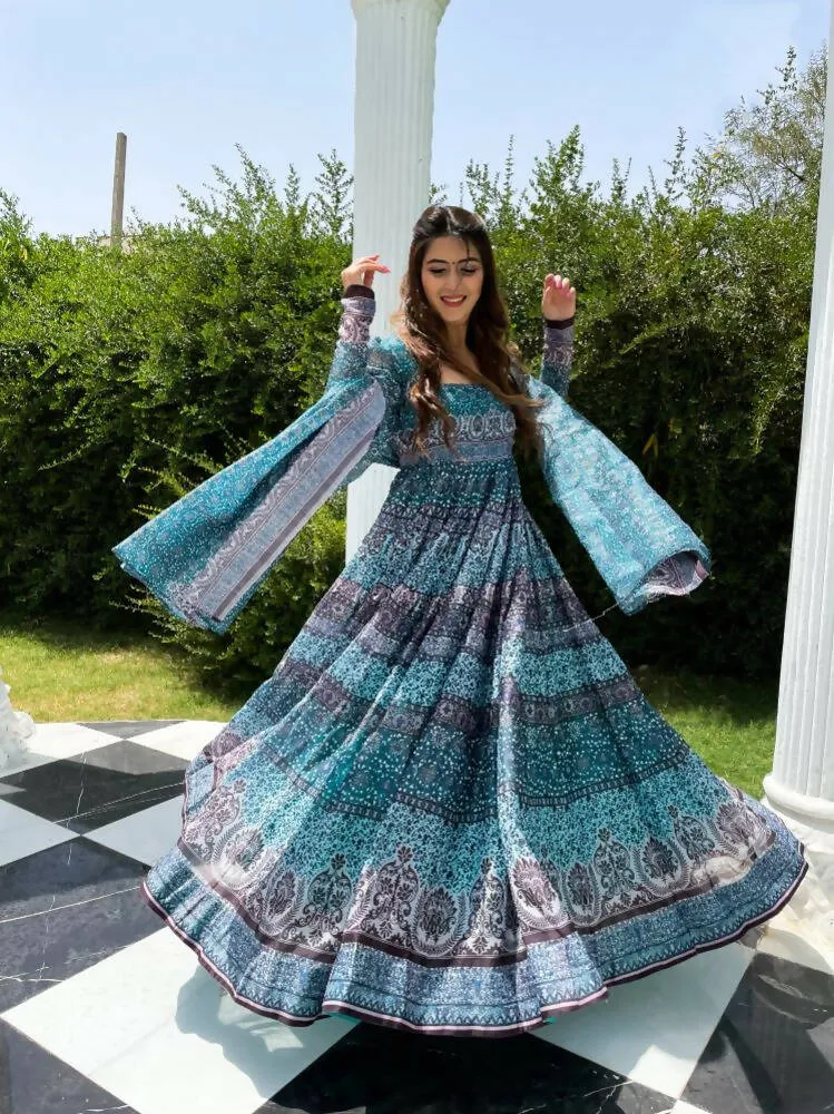 All Season Designer Blue With Multycolor Pure Maslin Gown - Anbazaar