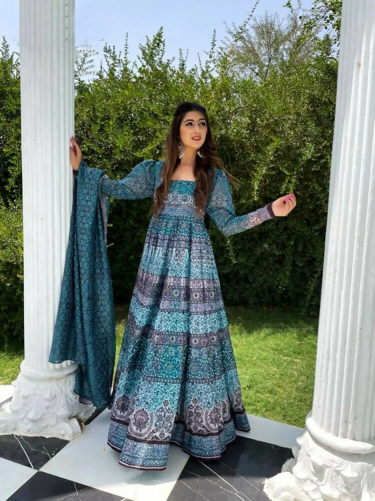 All Season Designer Blue With Multycolor Pure Maslin Gown - Anbazaar