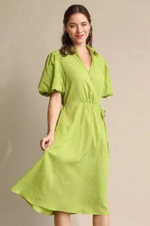Apple Green Textured Woven and Elastic Waist Midi Dress