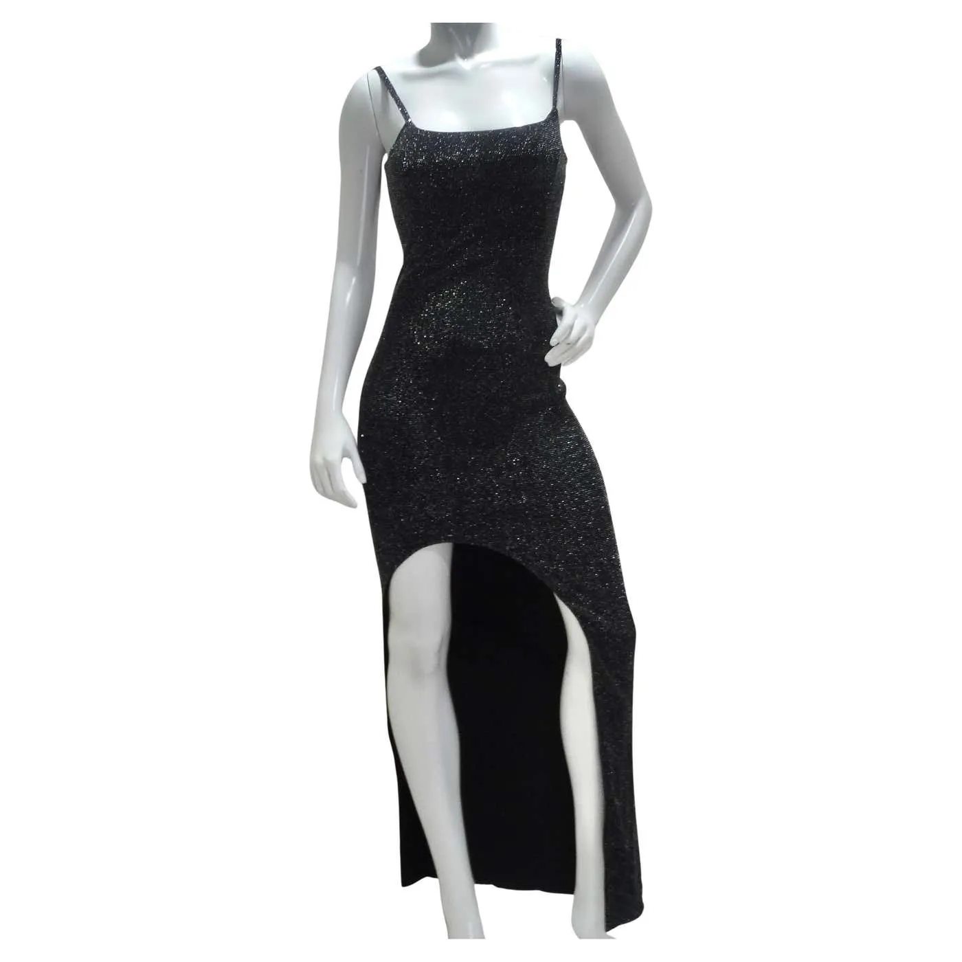 Balmain Slit Black Metallic Maxi Dress