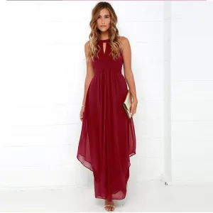 Bear Shoulder Pleated Halter Chiffon Long Irregular Dress