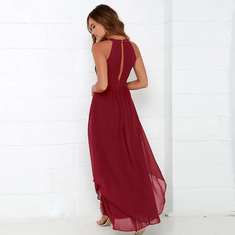 Bear Shoulder Pleated Halter Chiffon Long Irregular Dress