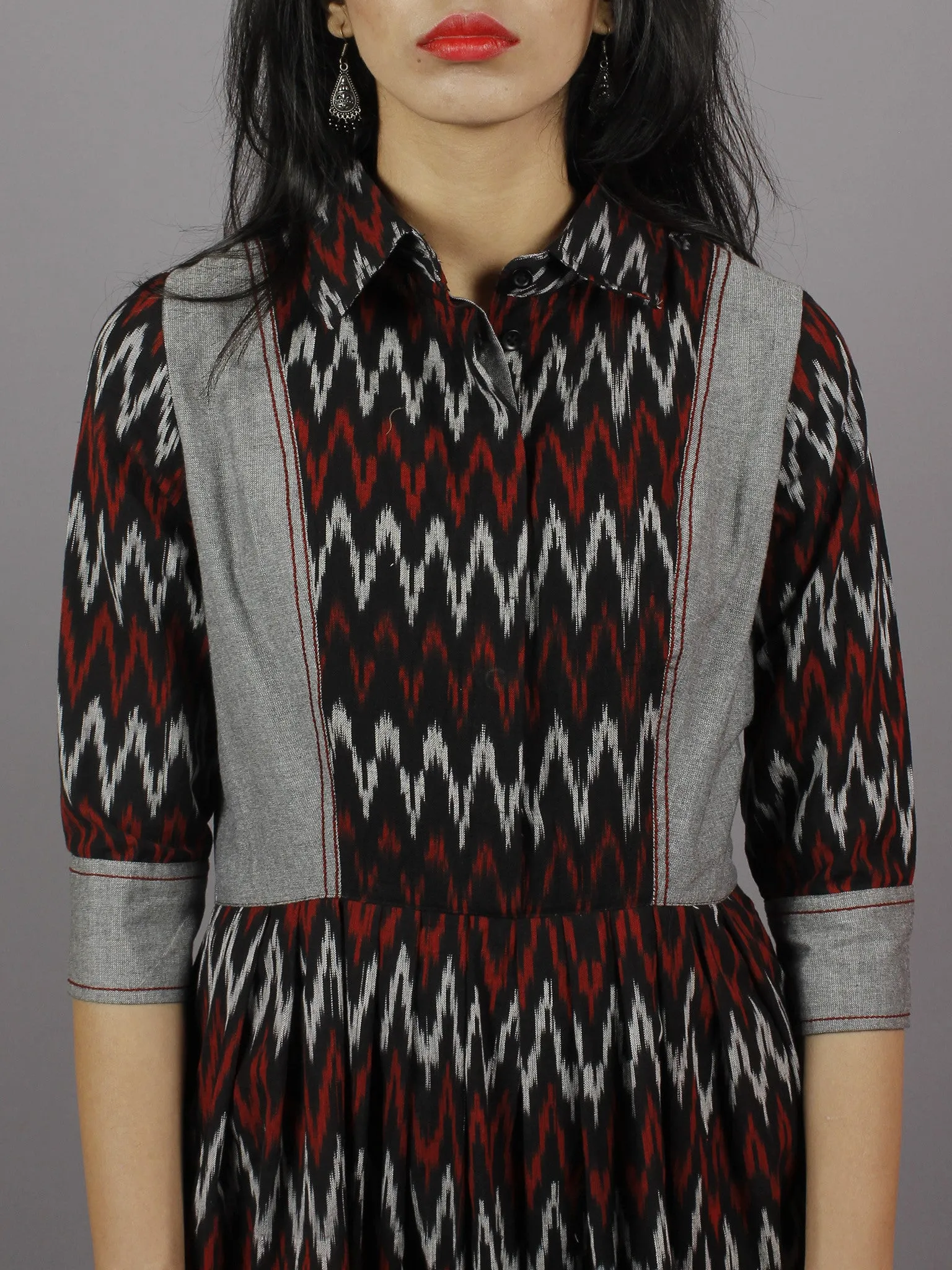 Black Red Grey Ikkat Dress With Side Pockets - D3756801