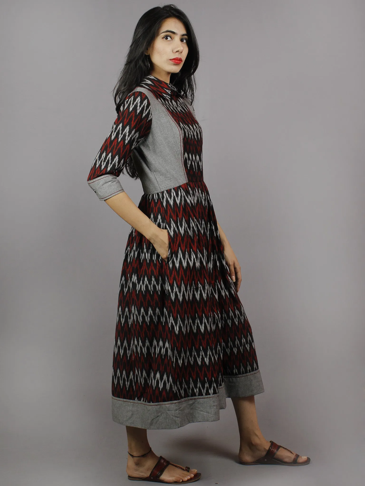 Black Red Grey Ikkat Dress With Side Pockets - D3756801