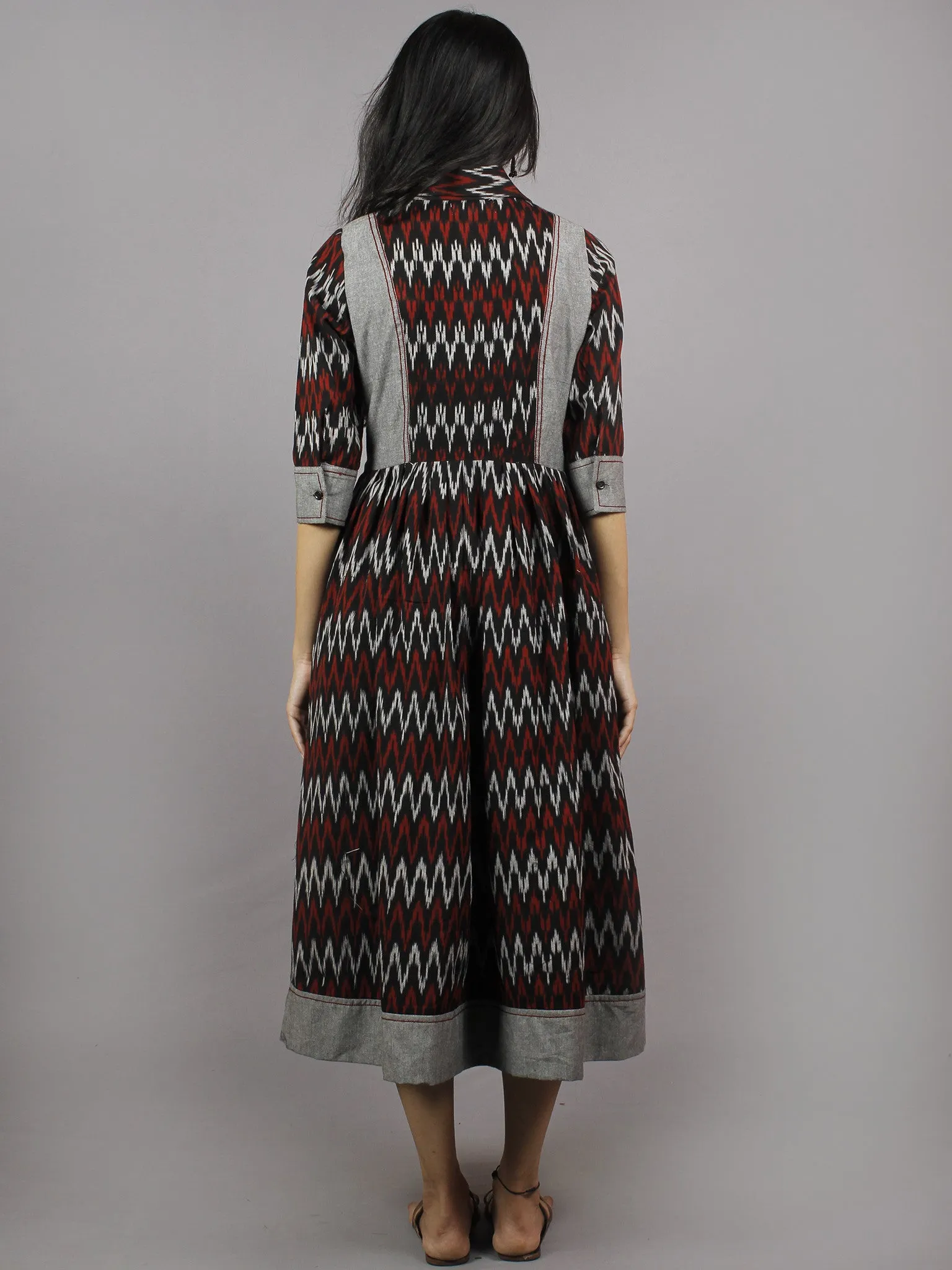 Black Red Grey Ikkat Dress With Side Pockets - D3756801