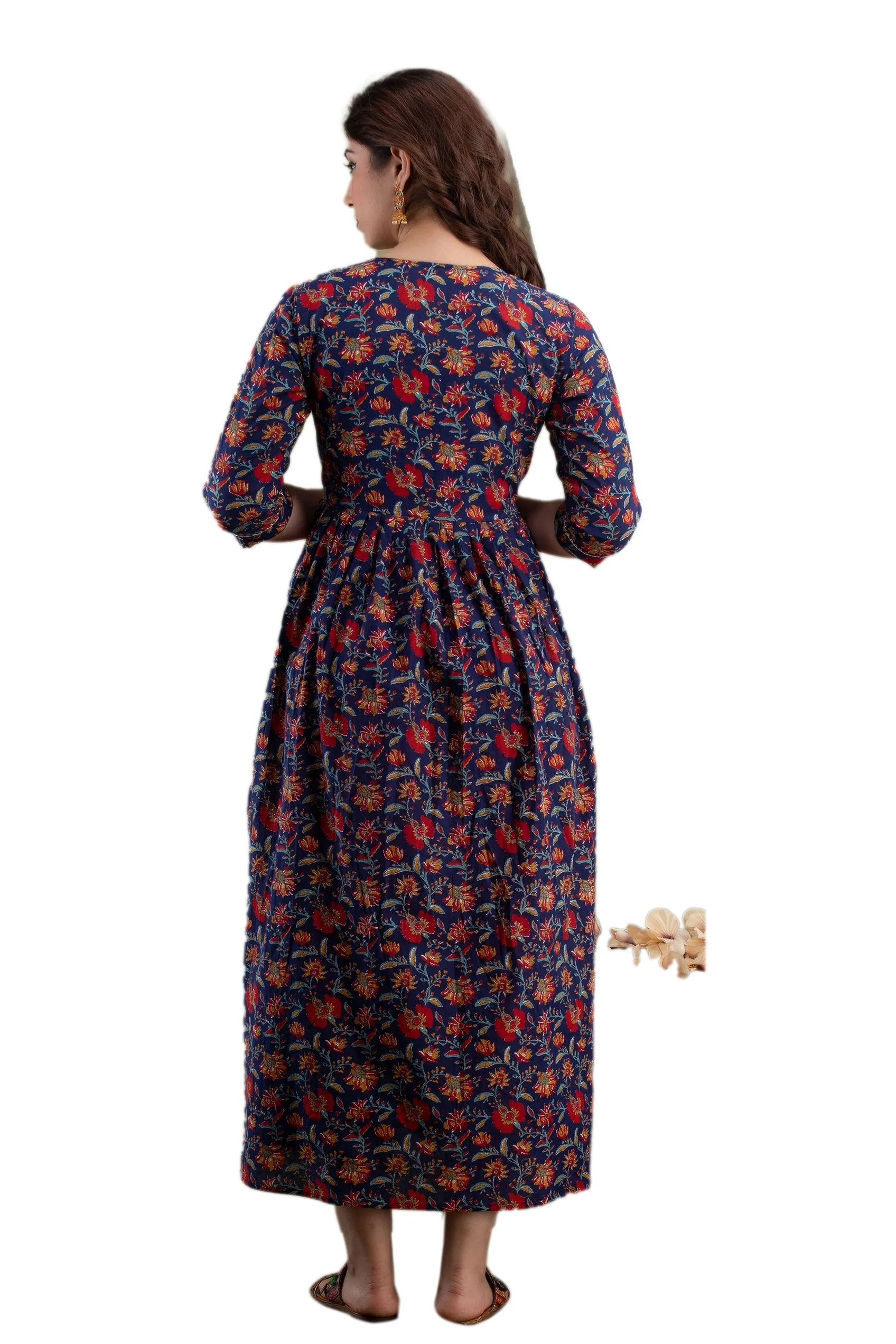 Blue & Red Floral Cotton Maternity Dress