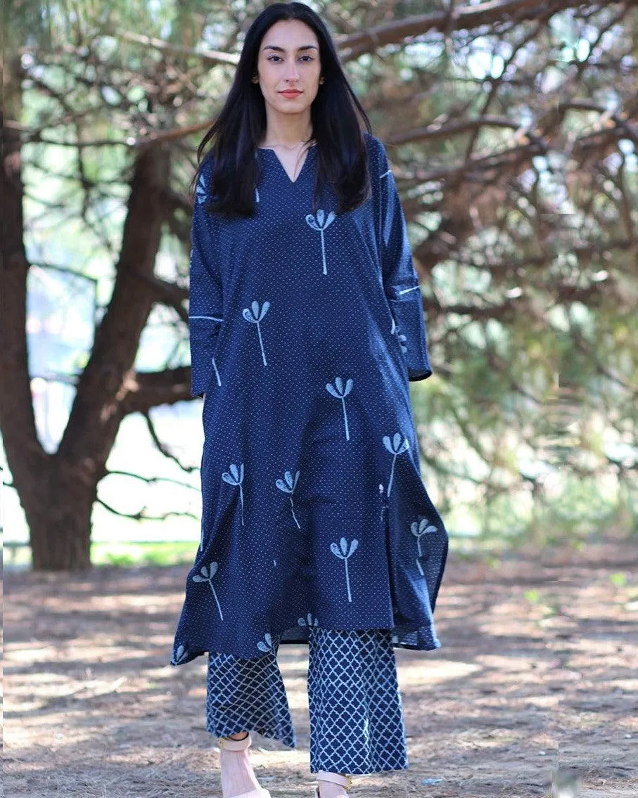 Blue Blockprinted Cotton Kurta With Palazzo (Set Of 2)