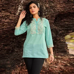 Blue Casual Wear Embroidered Cotton Top