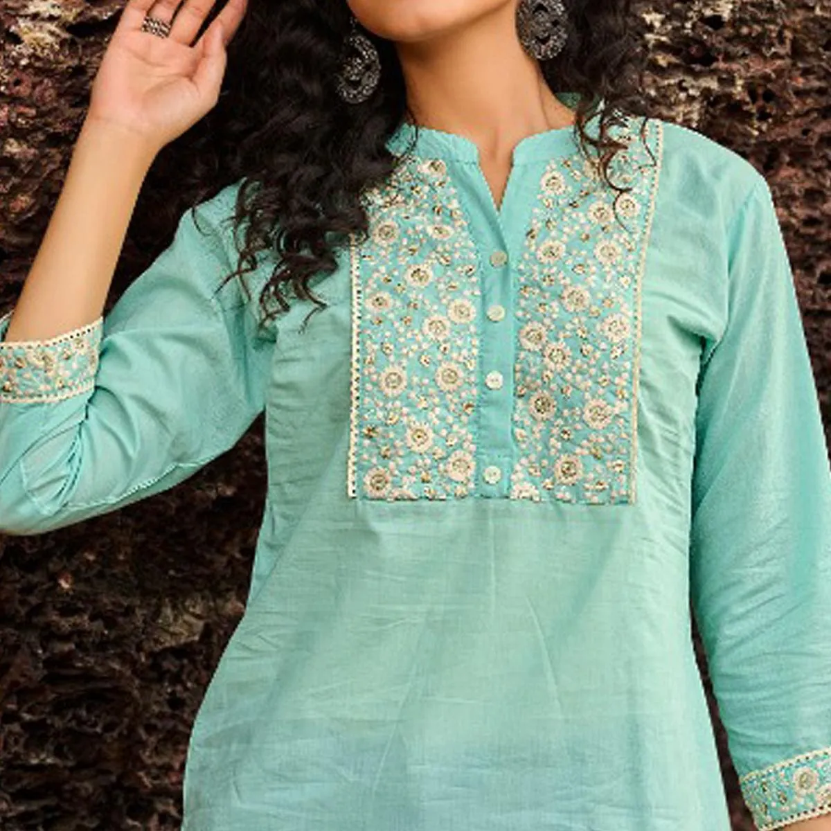 Blue Casual Wear Embroidered Cotton Top
