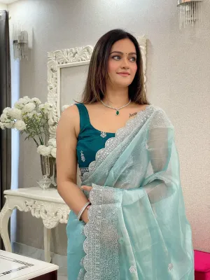 Blue Elegant Burburry Silk Saree with Sequins Work