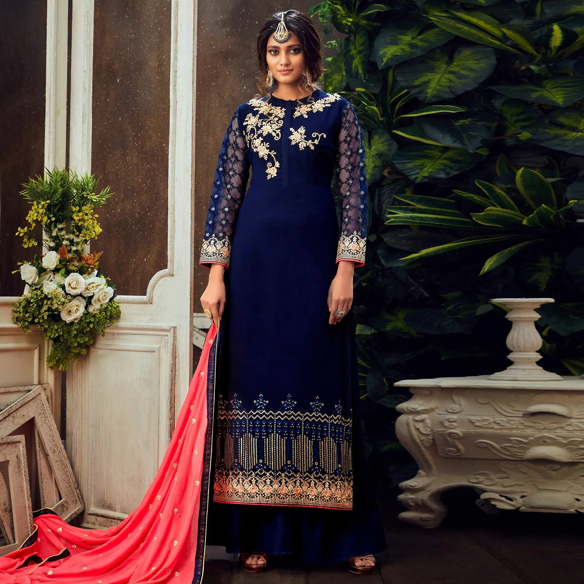 Blue Festive Wear Floral Embroidered Pure Georgette Suit