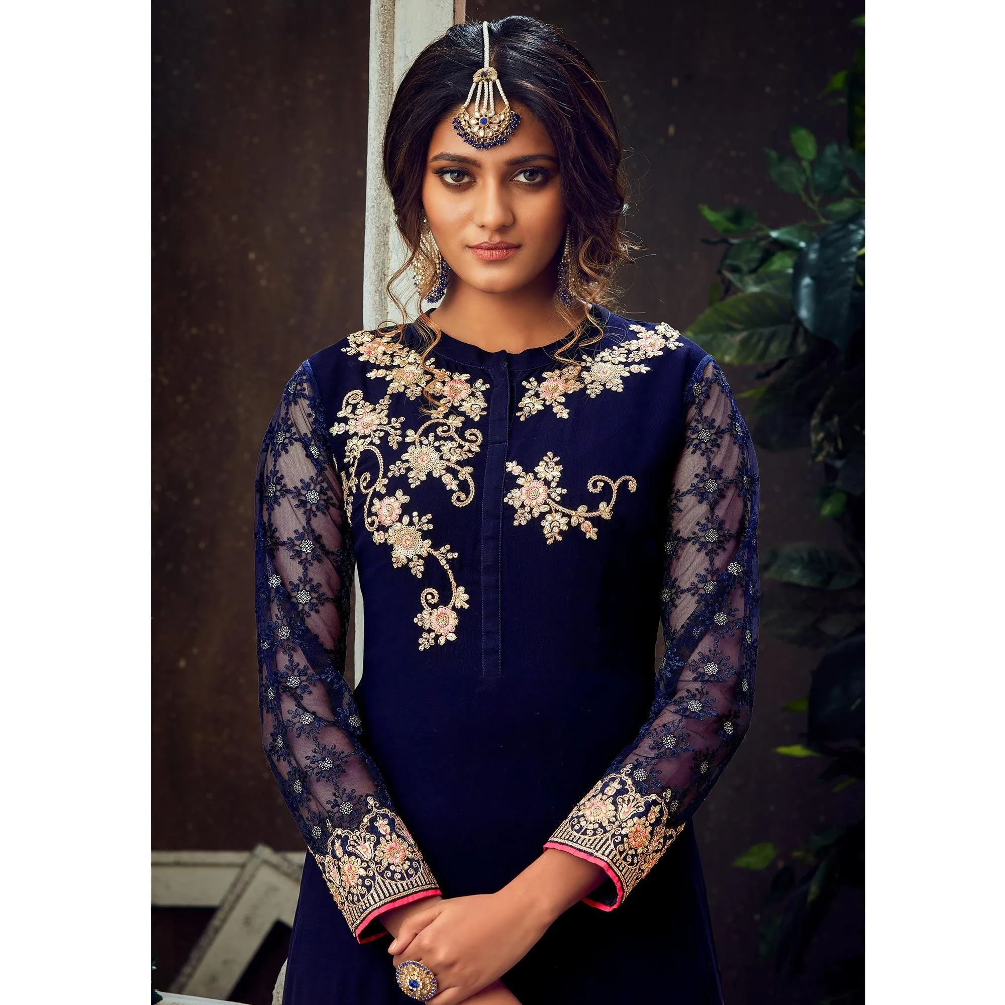 Blue Festive Wear Floral Embroidered Pure Georgette Suit