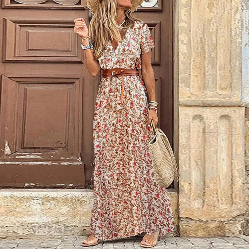 Boho Women V Neck Short Sleeve Paisley Print Belt Large Hem Beach Long Dress print dress summer beach dress with belt