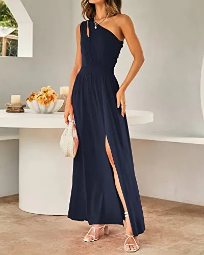 BTFBM Women's One Shoulder Cutout Sleeveless Maxi Dresses Side High Split Elegant Formal Prom Bodycon Party Cocktail Dress(Solid Navy, Medium)