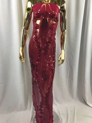 Burgundy goddess design floral embroidery with sequins and pearls on a 4 way stretch mesh-dresses-prom-nightgown-fashion-sold by the yard.