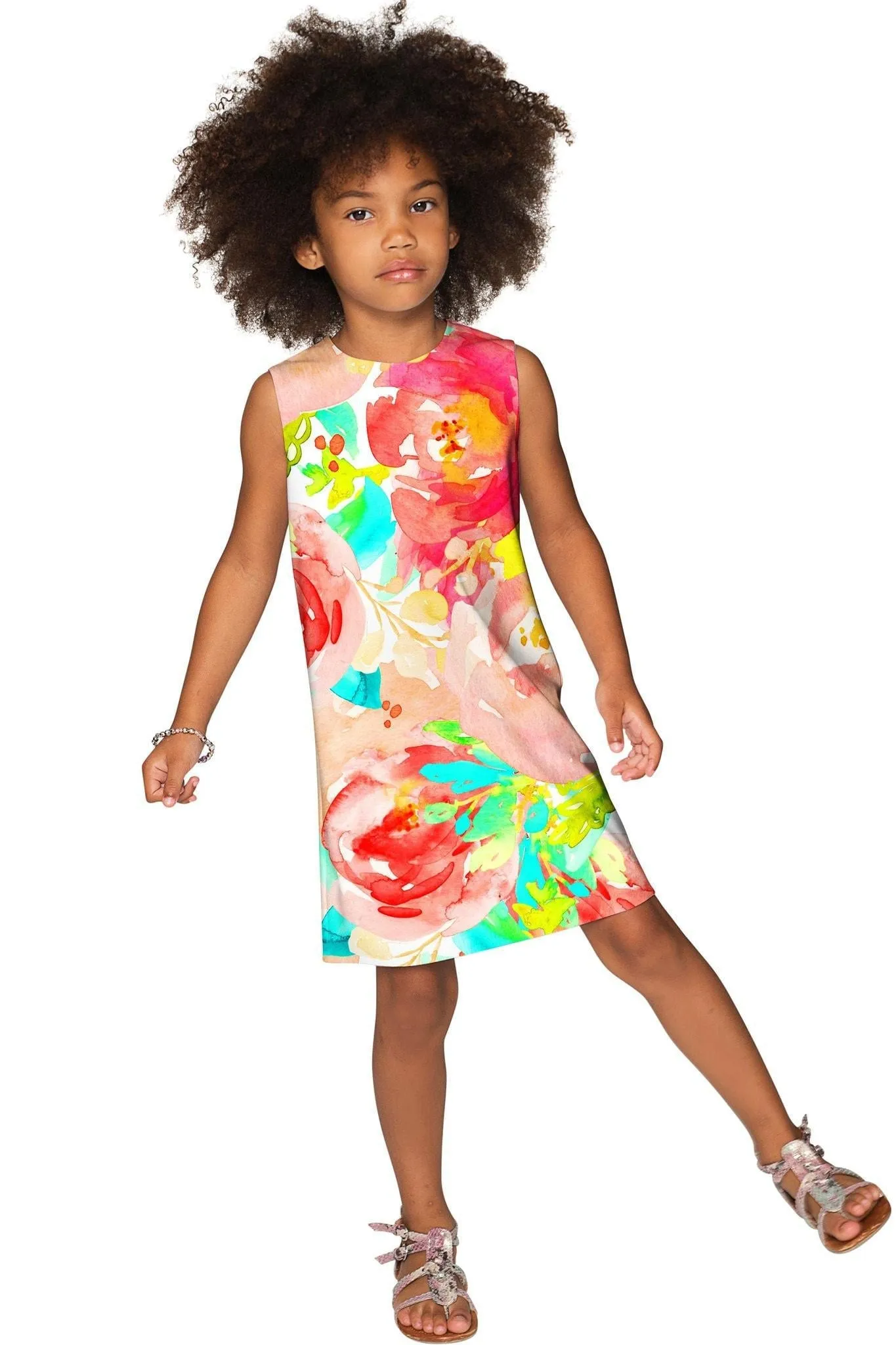BUY 1 GET 4 FREE! Good Idea Adele Colorful Floral Print Shift Sundress - Girls