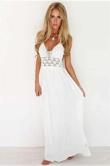 Clearance Fashion Lace Patchwork V-neck Straps Chiffon Long Dress