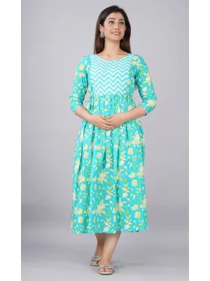 Cyan Floral Print Cotton Maternity Dress