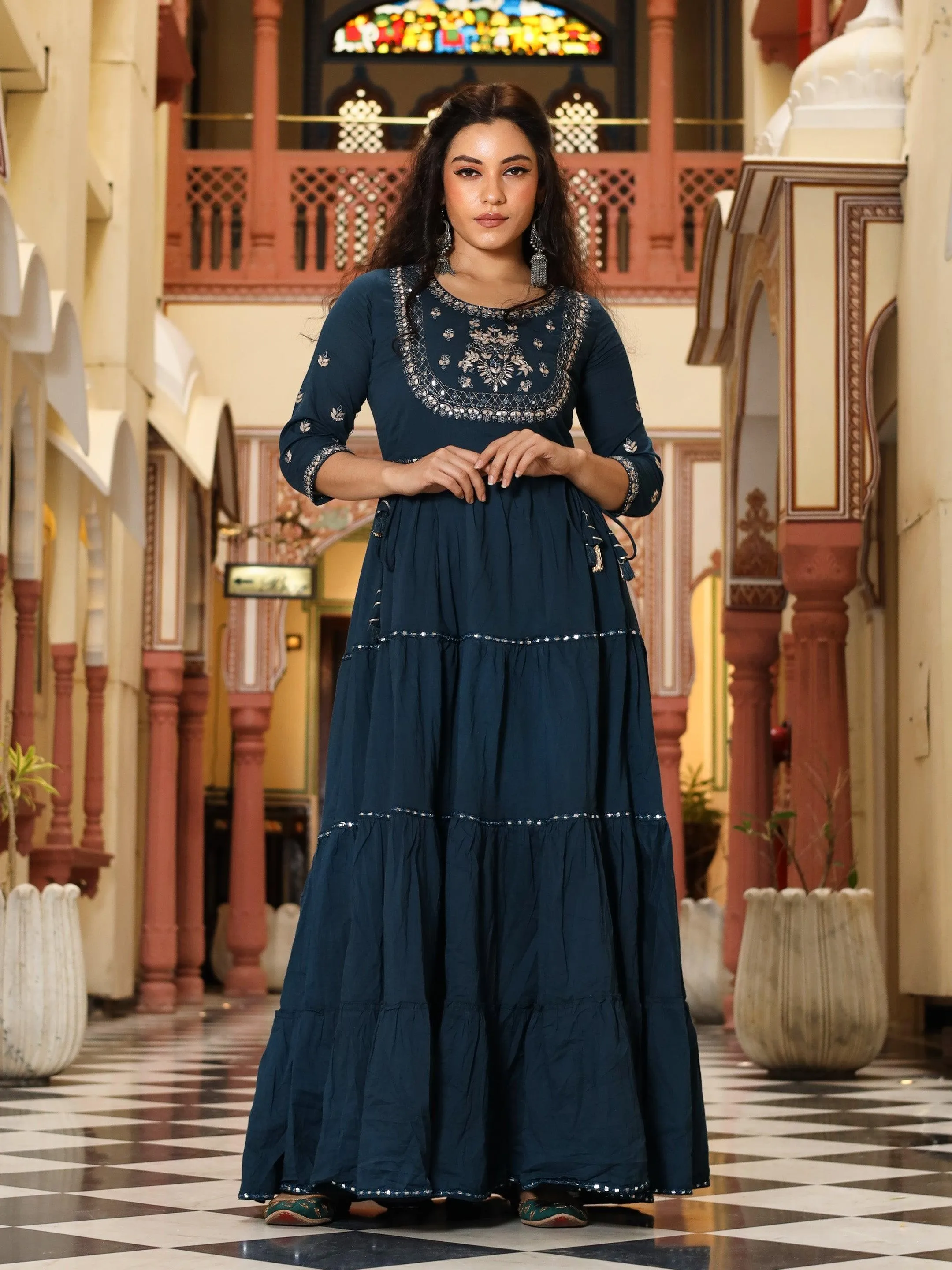 Divena Teal Blue Layered Kurta with Gota Work