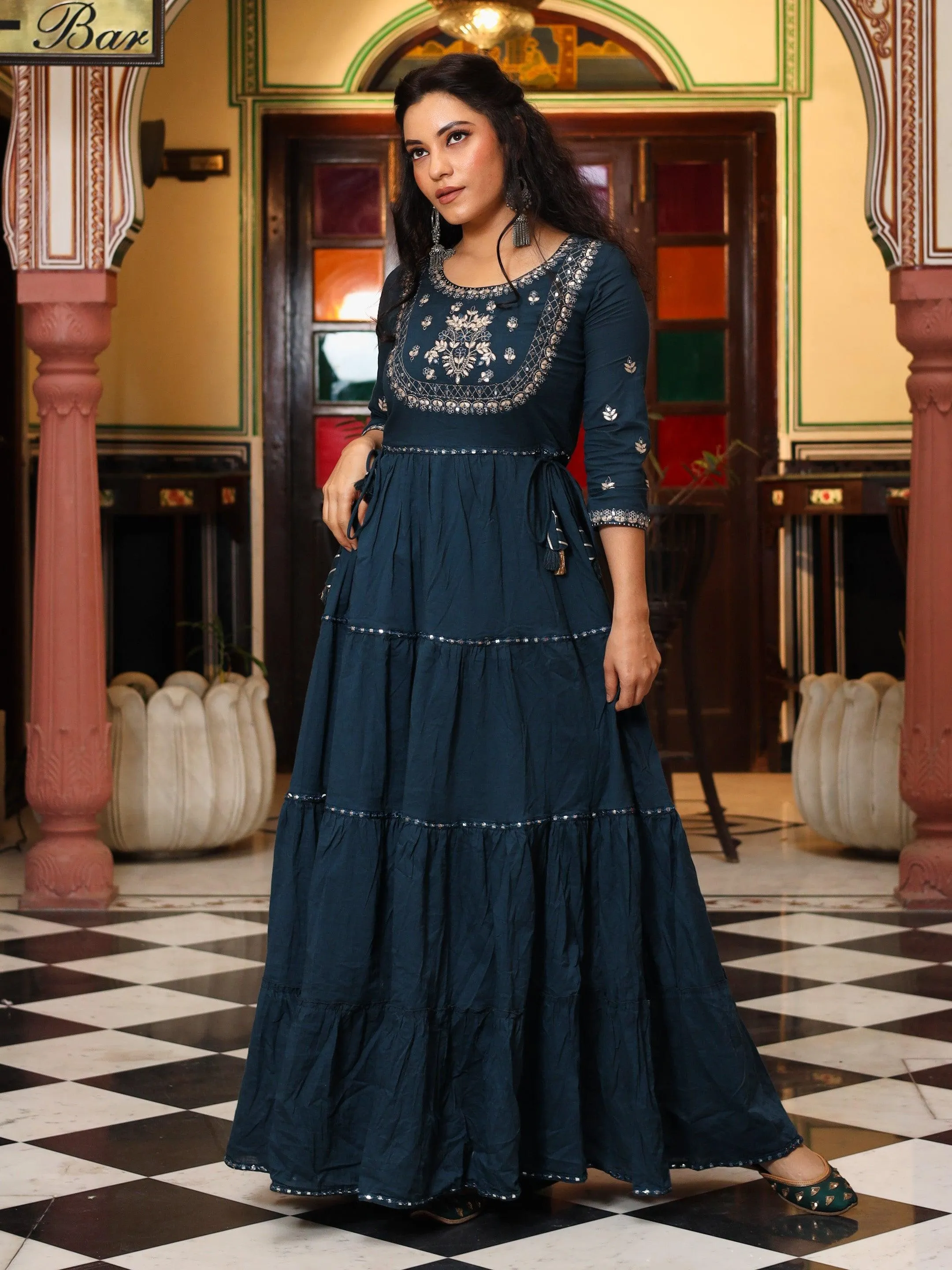 Divena Teal Blue Layered Kurta with Gota Work