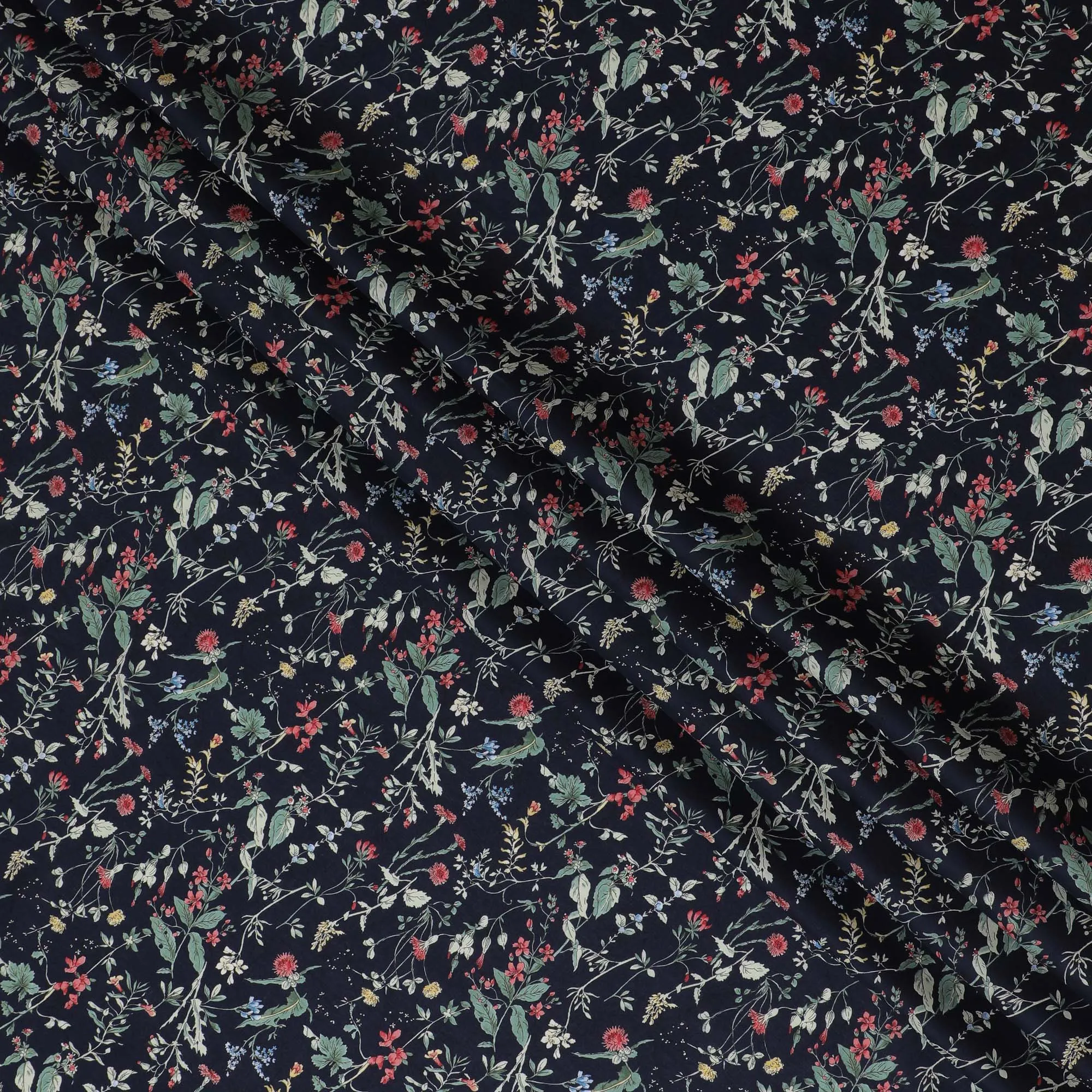 Elegant Navy blue Floral Cotton Lawn Fabric with Red and Green Blossoms, 110 cm Wide, Japanese Design-D19558