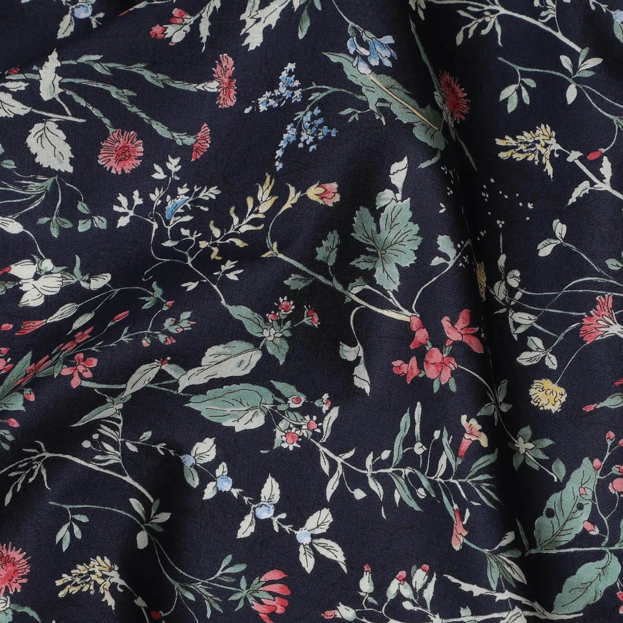 Elegant Navy blue Floral Cotton Lawn Fabric with Red and Green Blossoms, 110 cm Wide, Japanese Design-D19558