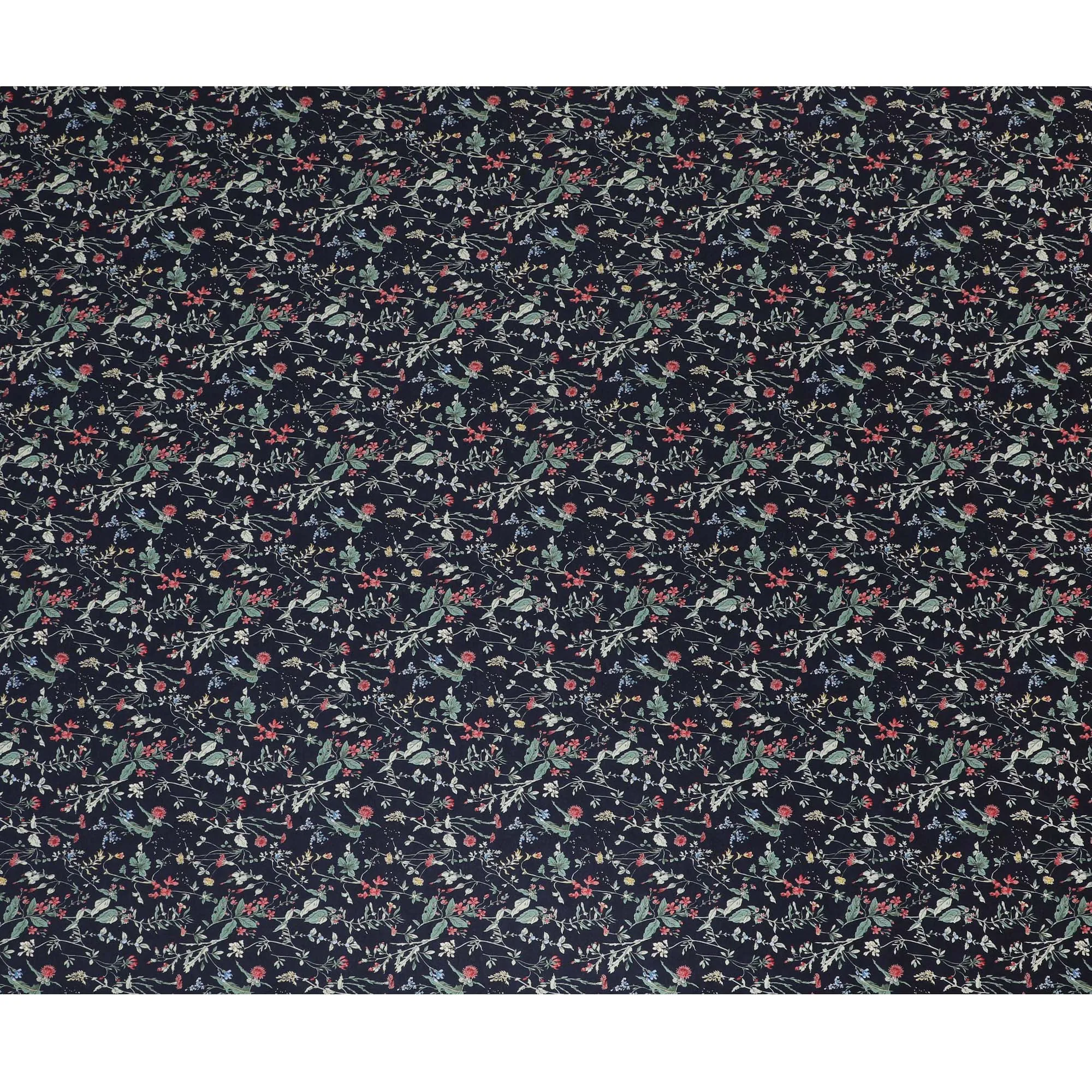 Elegant Navy blue Floral Cotton Lawn Fabric with Red and Green Blossoms, 110 cm Wide, Japanese Design-D19558
