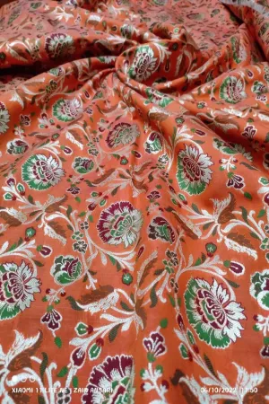 Elegant Orange Banarasi Meenakari Silk Fabric ( 2.5 Mtrs )