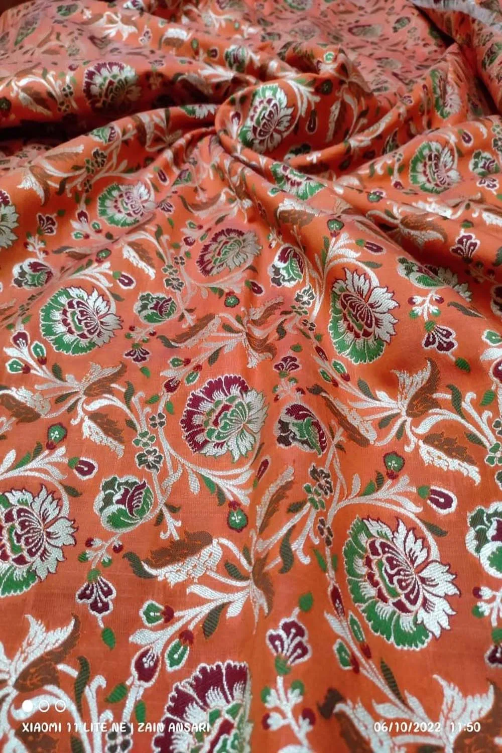 Elegant Orange Banarasi Meenakari Silk Fabric ( 2.5 Mtrs )