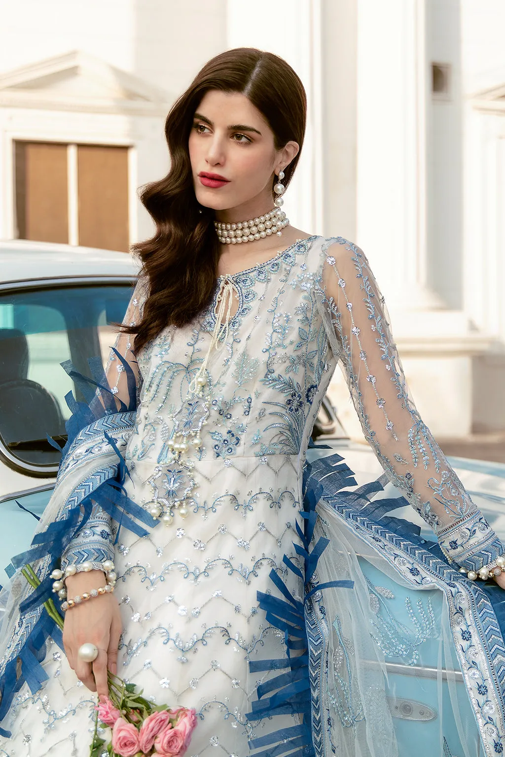 Elegant Pakistani White Dress in Long Style #PF439