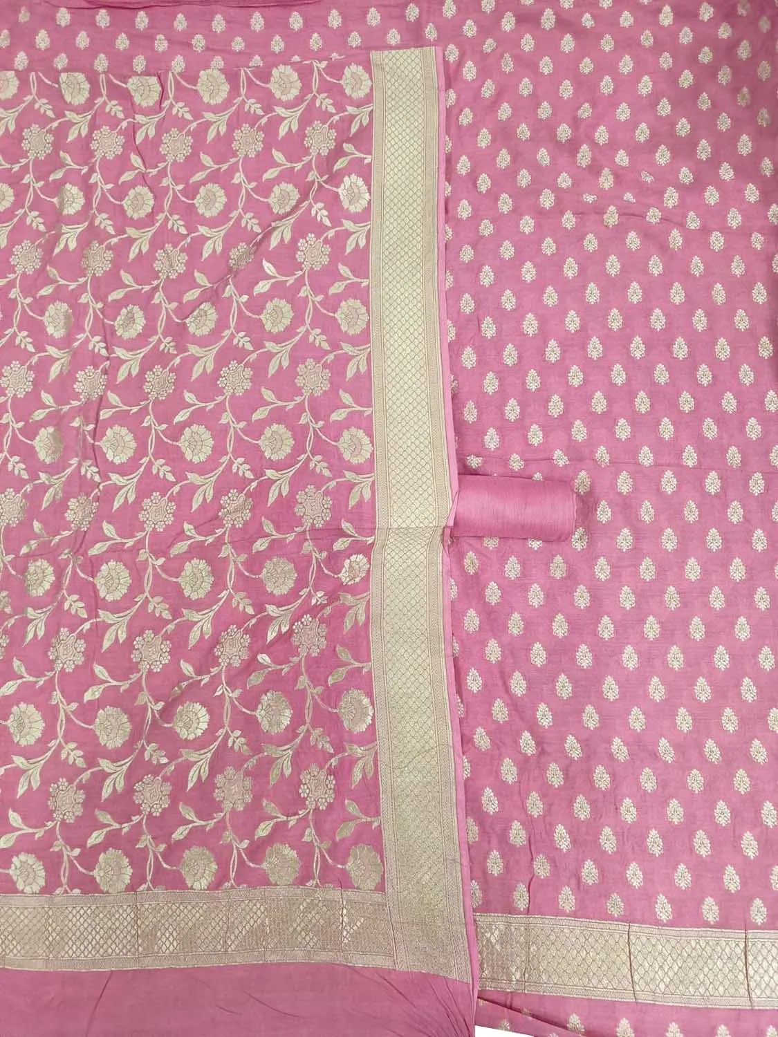Elegant Pink Banarasi Pure Moonga Silk Three Piece Unstitched Suit Set