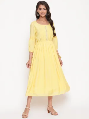 Embroidered Flared Tie Up Yellow Dress