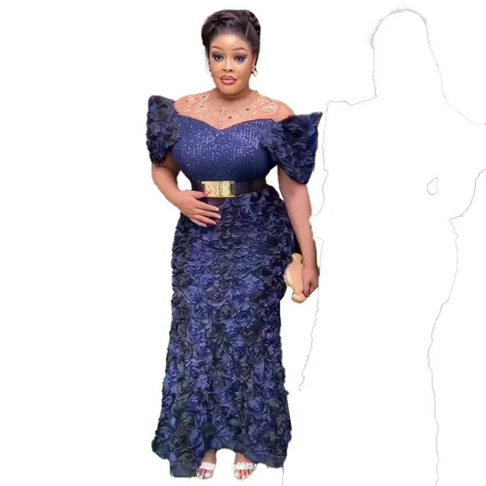 Exquisite African Evening Dresses: Mesh 3D Embroidery, Rhinestone Sequin Belt, and Luxury Elegance