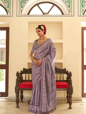 Fabulous and Lustrous Lavender Silk Printed Traditional Saree