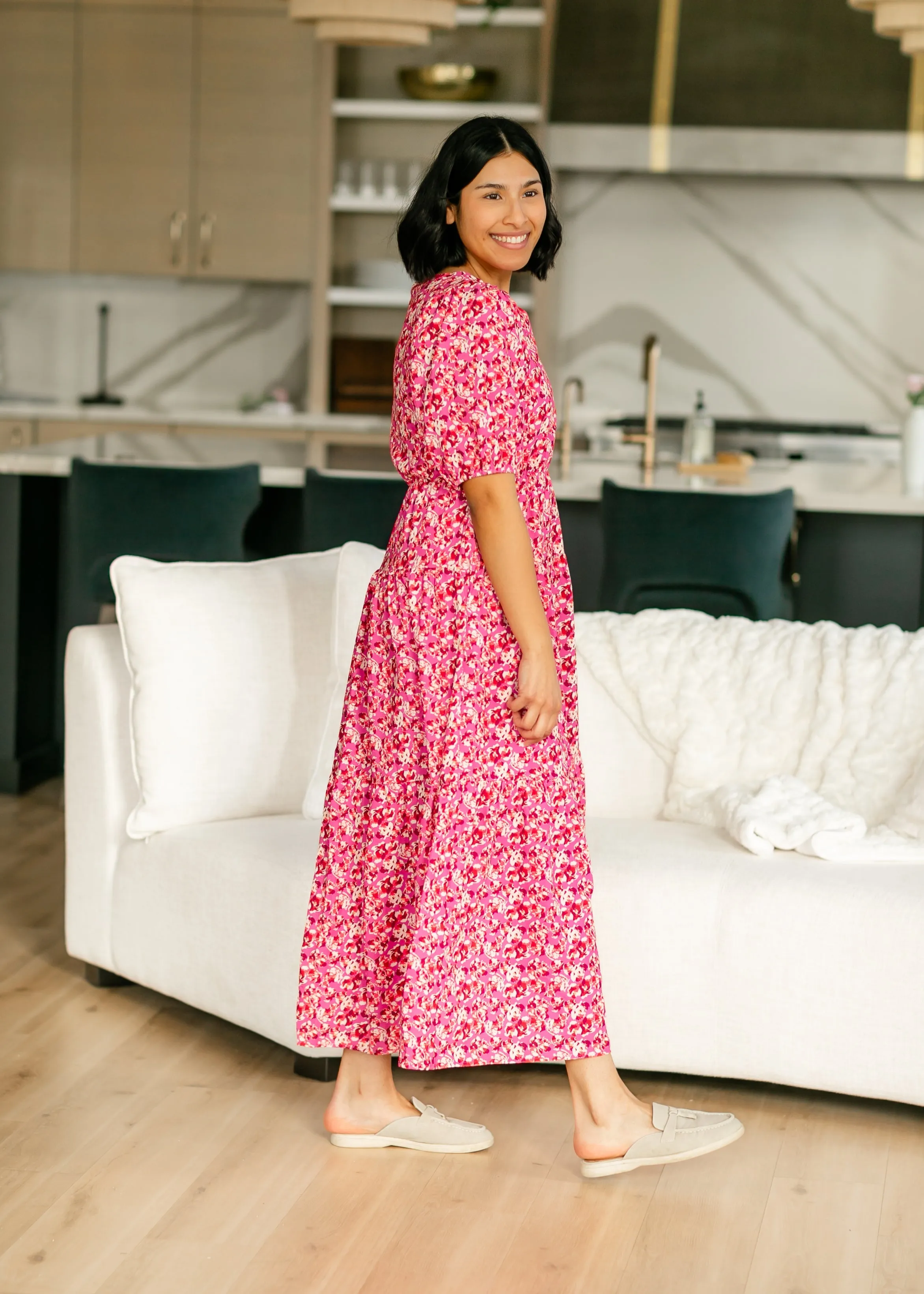 Floral Print Rose Pink Tiered Maxi Dress