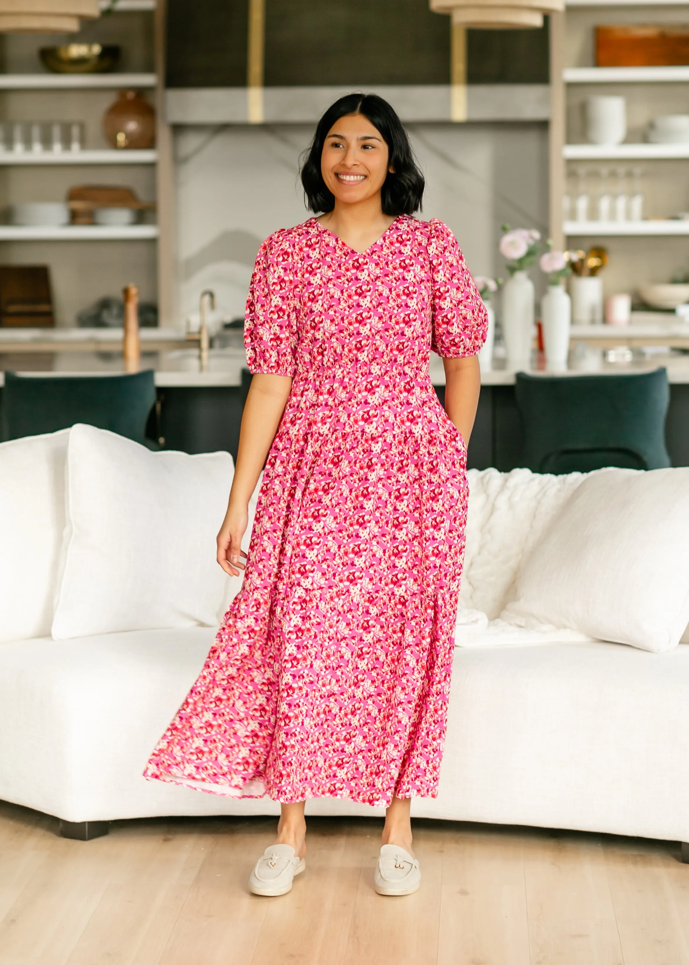 Floral Print Rose Pink Tiered Maxi Dress
