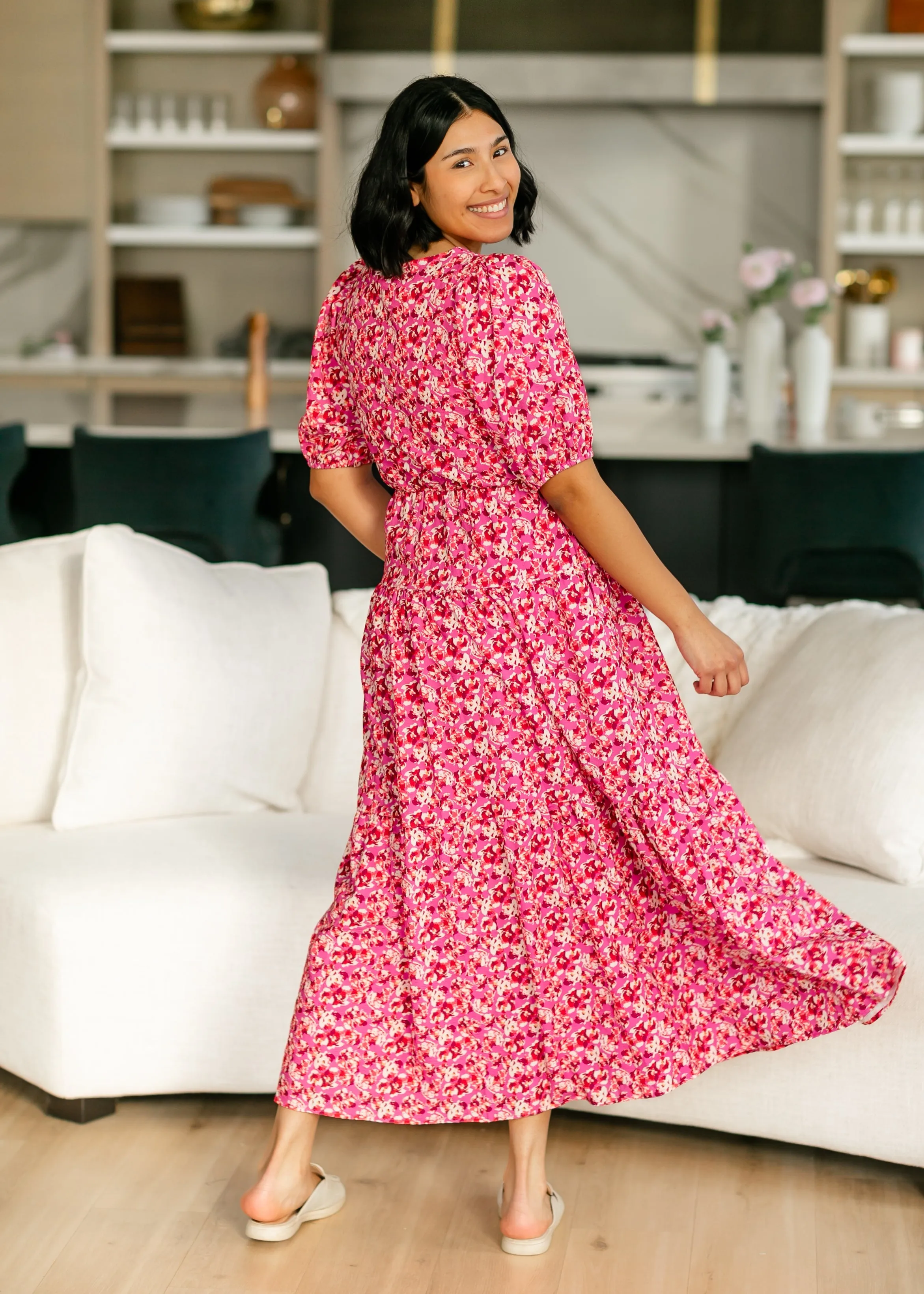 Floral Print Rose Pink Tiered Maxi Dress