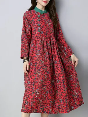 Floral Printed Stand Collar Dresses