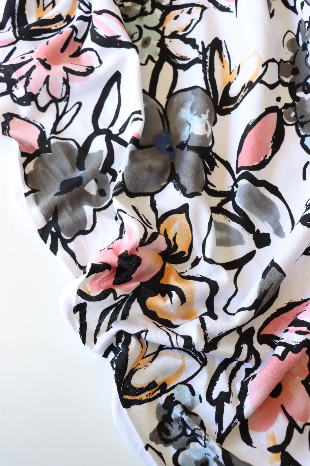 Floral Sketches on White 100% Cotton Jersey