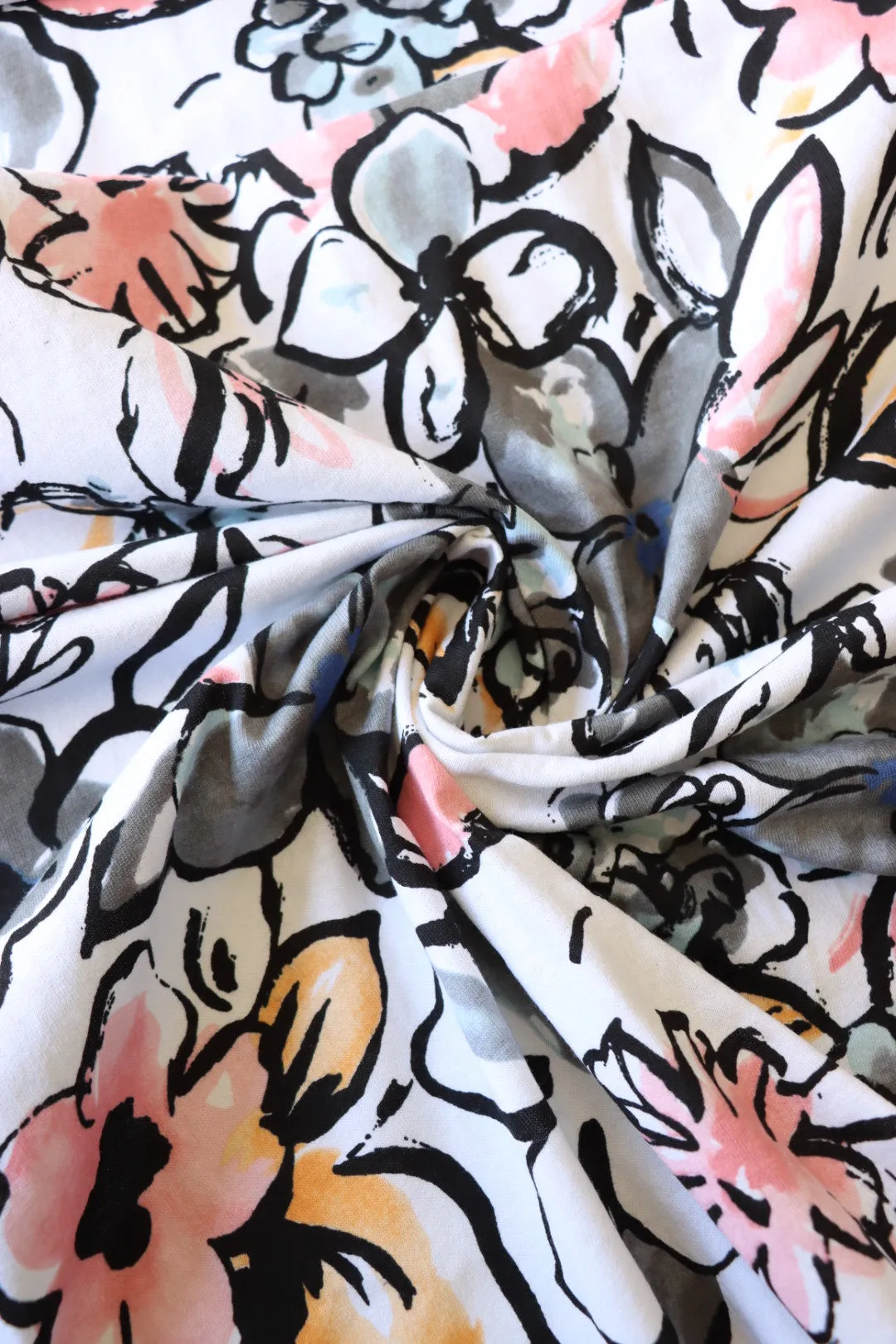 Floral Sketches on White 100% Cotton Jersey