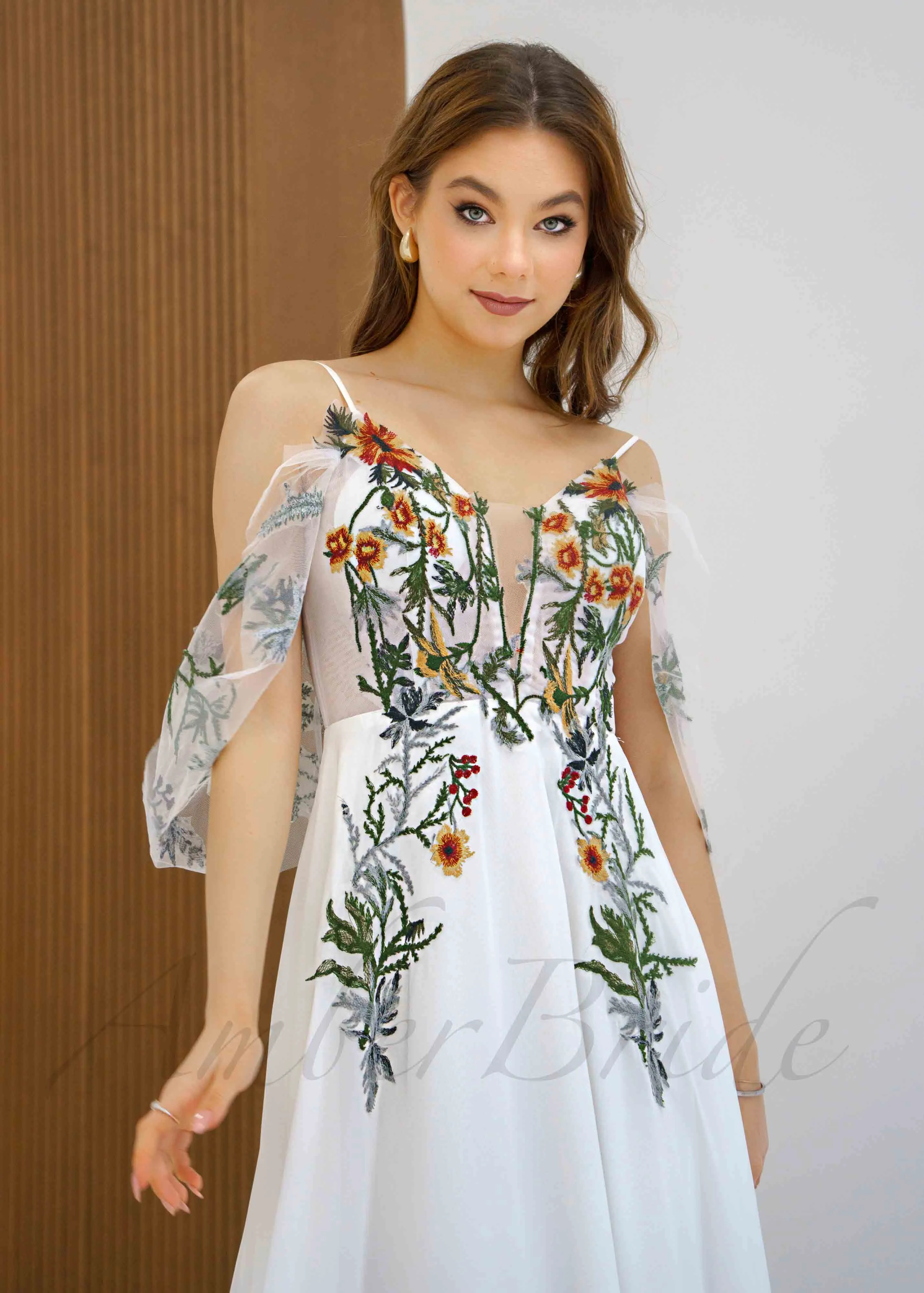 Forest Floral Chiffon Wedding Dress with Off Shoulder Embroidered Bodice
